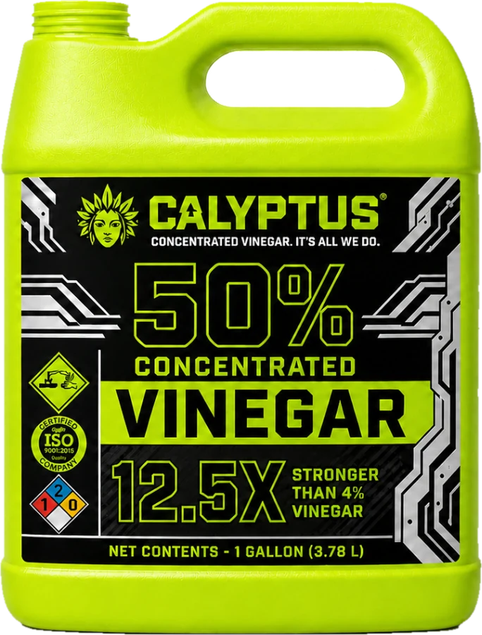 Calyptus 50% Concentrated Vinegar, 1 gallon jug in lime green with a black label