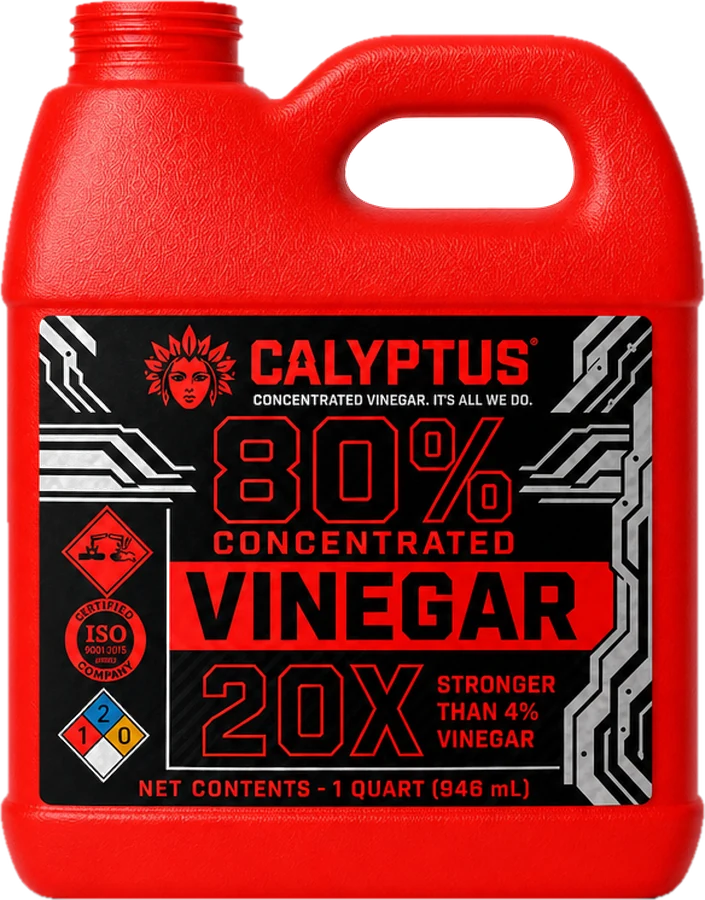 Calyptus 80% Concentrated Vinegar, 1 quart jug in red with a black label